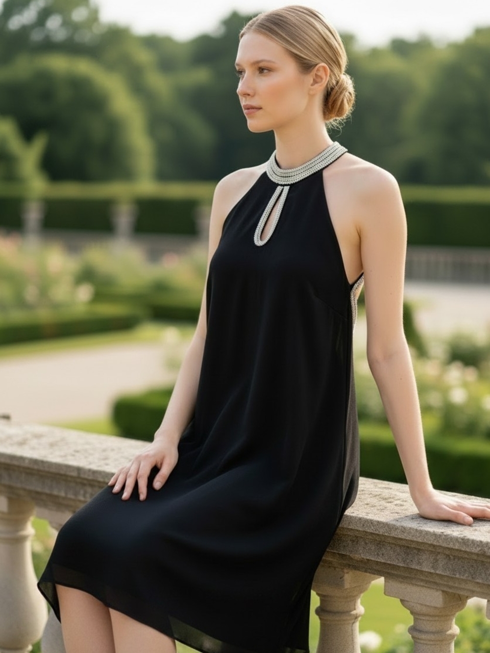 MISSLOOK Black Halter Midi Dress with Beaded Neckline